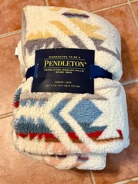 Pendleton Cream Sherpa Throw with Blue, Red & Yellow Geometric Accents